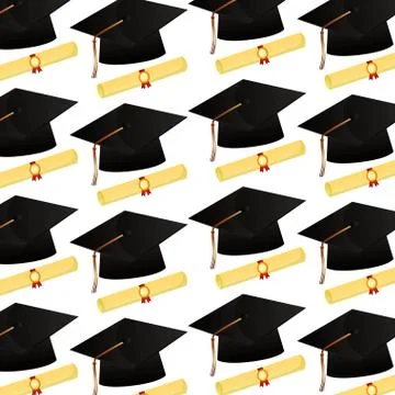 Graduation hat and scroll certificates school pattern Stock Illustration
