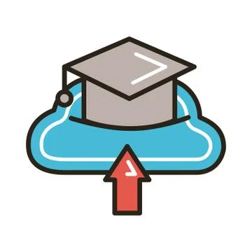 Graduation hat with cloud computing education online line and fill style Stock Illustration