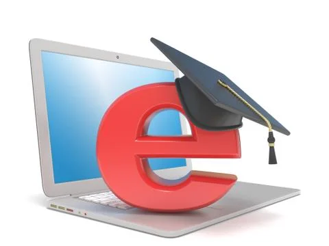 Graduation hat on E, on laptop. E-learning concept. 3D 스톡 일러스트