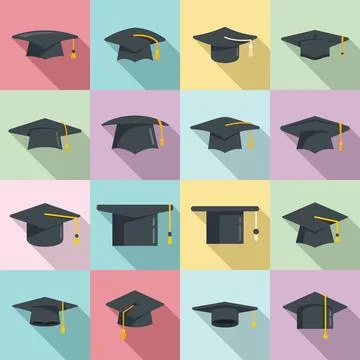 Graduation hat icons set flat . Academy graduation hat Stock Illustration