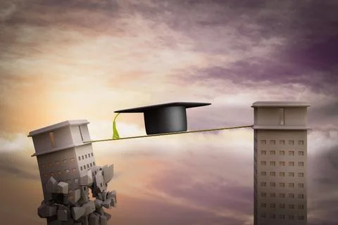 Graduation hat on a rope with one skyscraper ready to collapse. Stock Illustration