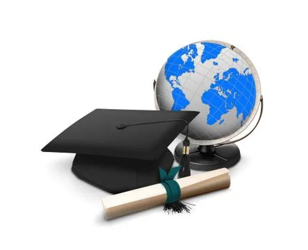 Graduation hat with scroll and globe Stock Illustration