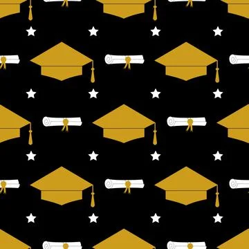 Graduation hat seamless pattern. Grad ceremony backdrop. Vector template for  Stock Illustration
