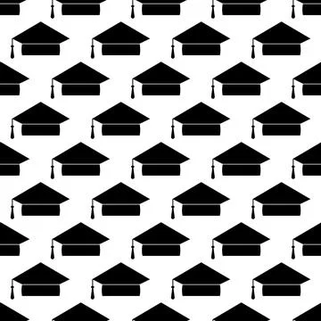Graduation hat seamless pattern. Grad ceremony backdrop. Vector template for  Stock Illustration