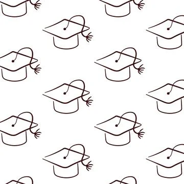 Graduation hat seamless pattern in line art style. Doodle college, study Stock Illustration