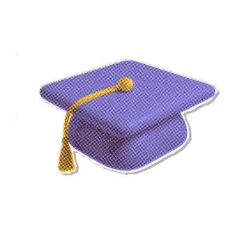 Graduation hat single icon in halftone collage style. Black and white monochrome Stock Illustration