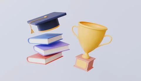 Graduation hat on stack of books and golden trophy, reading books for education Stock Illustration