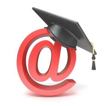 Graduation hat on AT symbol. E-learning concept. 3D イラスト素材