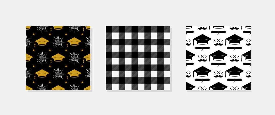 Graduation hats seamless pattern. Set of 3 grad ceremony backdrop. Vector t.. Stock Illustration