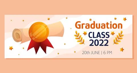 Graduation horizontal banner with script. red ribbon and golden medal. Vector Stock Illustration