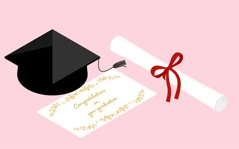 Graduation image, congratulatory message and diploma and hat, isometric Stock Illustration
