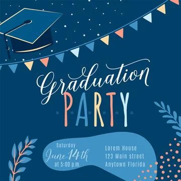 Graduation party vector background, invite card template. Trendy design Stock Illustration