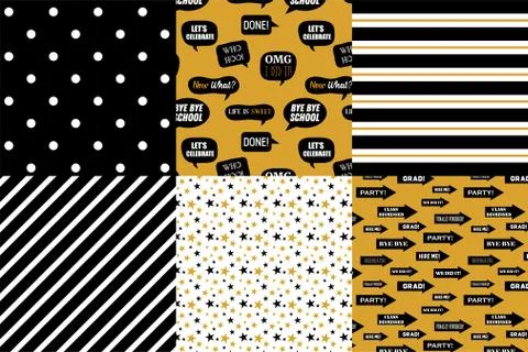 Graduation pattern collection. Black and golden vector background for graduat Stock Illustration