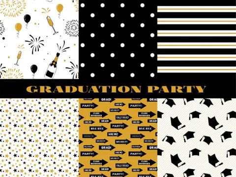 Graduation pattern collection. Black and golden vector background for graduat Stock Illustration