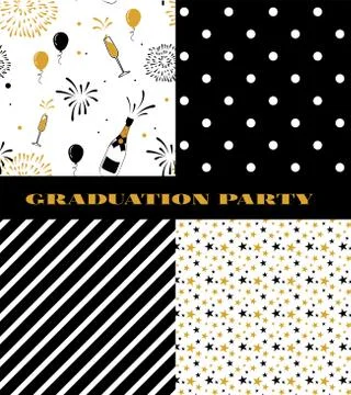 Graduation pattern collection. Black and golden vector background for graduat Stock Illustration