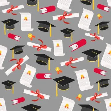 Graduation pattern with diplomas, books, and caps on a gray background Stock Illustration