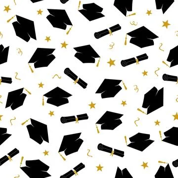 Graduation seamless pattern. Caps thrown up. Grad ceremony backdrop. Vector.. Stock Illustration