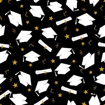 Graduation seamless pattern. Caps thrown up. Grad ceremony backdrop. Vector.. Stock Illustration