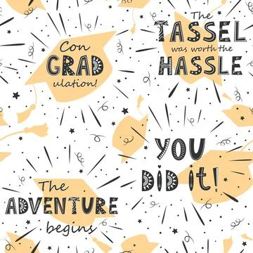 Graduation seamless pattern with flying hats and inspirational lettering. Black Stock Illustration