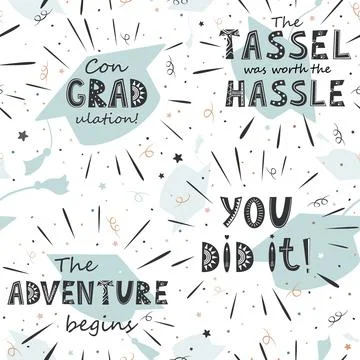 Graduation seamless pattern with flying hats and inspirational lettering. Vector Stock Illustration