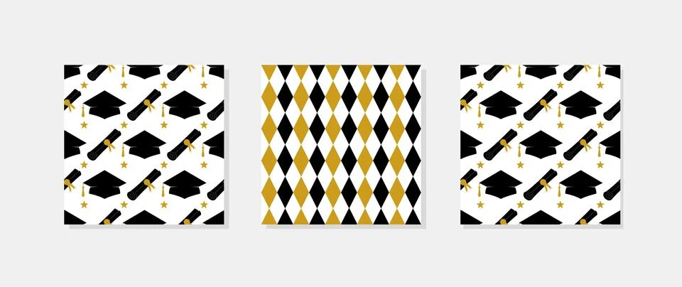 Graduation seamless pattern. Set of 3. Grad ceremony backdrop. Vector templ.. Stock Illustration