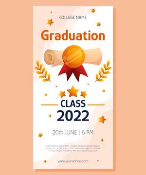 Graduation vertical banner with script, red ribbon and golden medal. Vector Stock Illustration