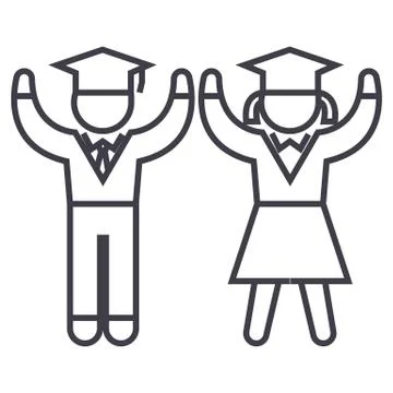 Graduation,students,teaching people vector line icon, sign, illustration on w Stock Illustration