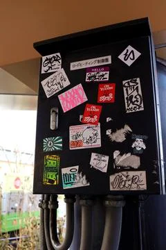 Graffiti affixed to public objects. Stock-Fotos