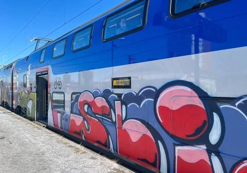 Graffiti Art on a Double-Decker Train in Stockholm Stock Photos