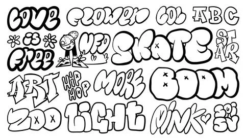 Graffiti art. Spray font elements. Doodle urban hand drawn lettering. Paint b Illustrazione stock