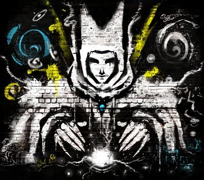 Graffiti on the brick wall of a boy engaged in magic Illustration