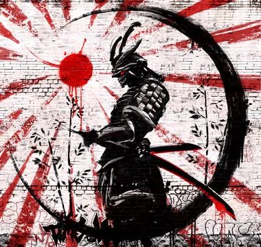 Graffiti on a brick wall of a Japanese warrior in an ink circle with a red su Stock Illustration
