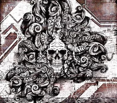 Graffiti on the brick wall of the skull plastered in thousands of tentacles Stock Illustration