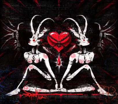 Graffiti on a brick wall two beautiful demoness between which a bloody heart  Stock Illustration