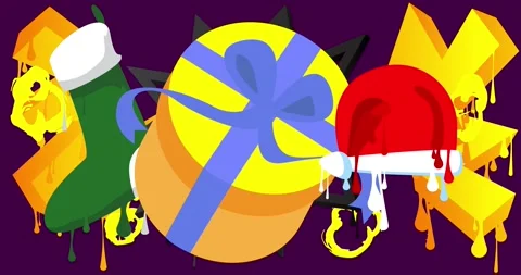 Graffiti Christmas stocking, Gift Box and Santa Claus Hat Stock Footage 321885876