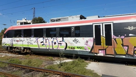 Graffiti-covered train in Plovdiv, Bulgaria Stock Footage
