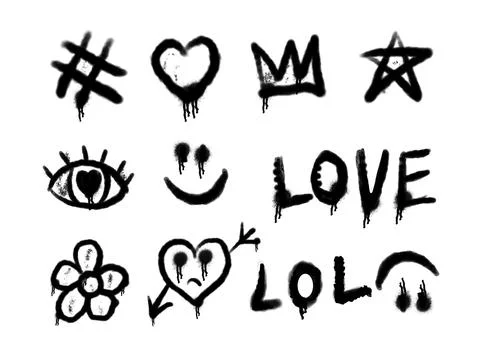 Graffiti drawing emo symbols set. Painted graffiti spray pattern of lightning 스톡 일러스트