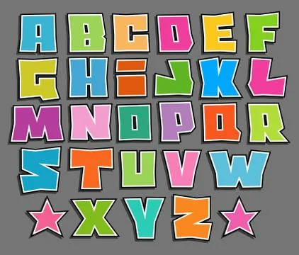 Graffiti floating vector color fonts alphabet over gray Stock Illustration