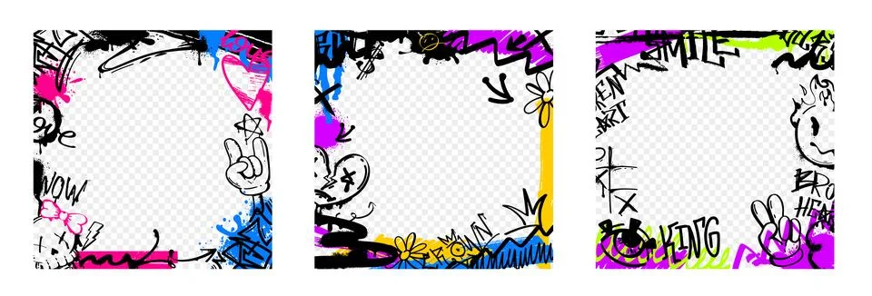 Graffiti frames with tags, spray paint stickers, street art decoration with ink Illustrazione stock