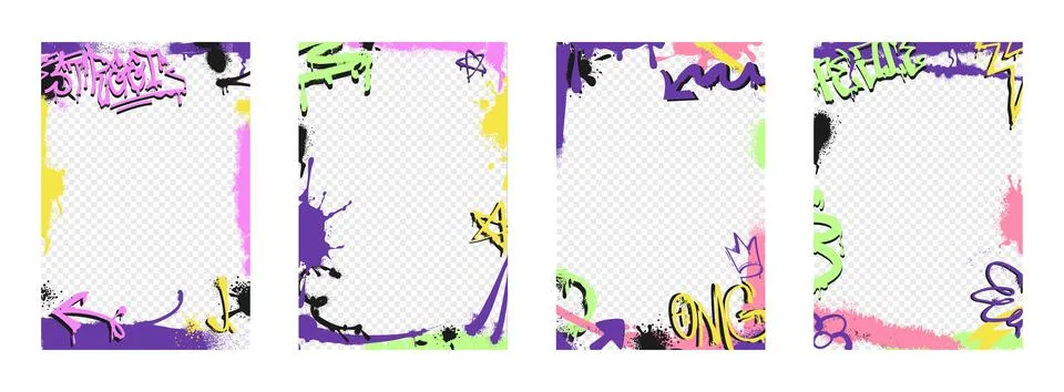 Graffiti frames with tags, spray paint stickers, street art decoration with ink Illustrazione stock