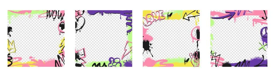 Graffiti frames with tags, spray paint stickers, street art decoration elements Stock Illustration