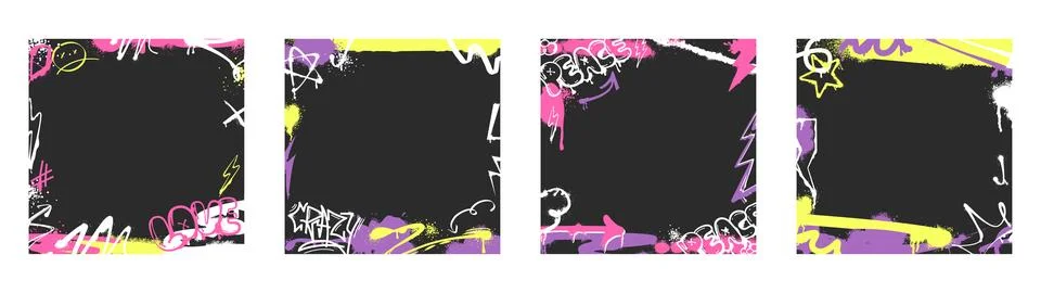 Graffiti frames with tags, spray paint stickers, street art decoration elements Stock-Illustration
