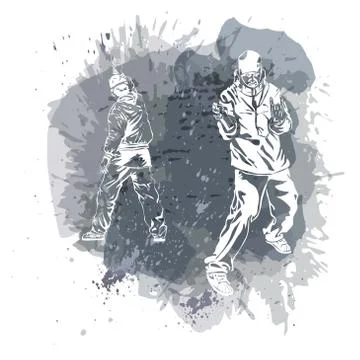 Graffiti guy and raper make street art on wall. Stock Illustration