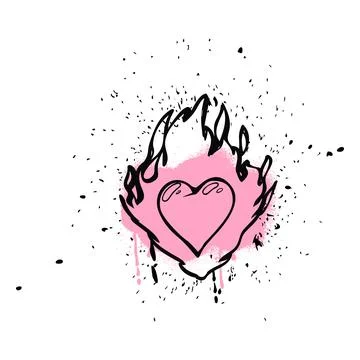 Graffiti heart inside flame, black and white, splashes, bright pink stain, drips Stock Illustration
