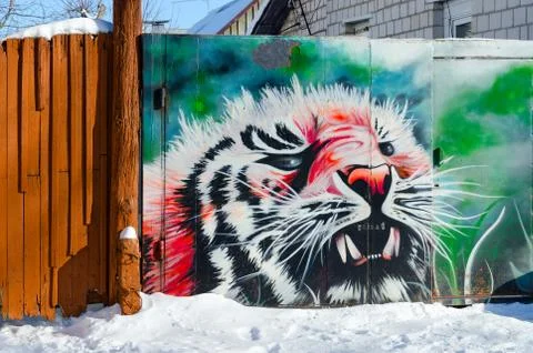 Graffiti with image of tiger on gate in private sector, Gomel, Belarus Stock-Fotos