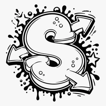 Graffiti letter S vector illustration with arrows and ink splatters, black .. Stock-Illustration