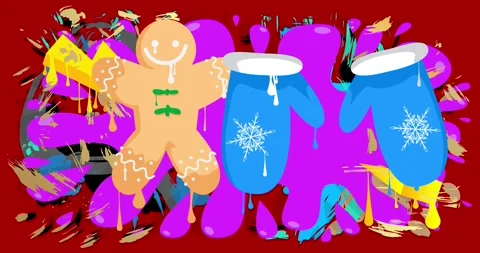 Graffiti Mitten Glove and Gingerbread Man Christmas Cookie animation Stock Footage 295402765