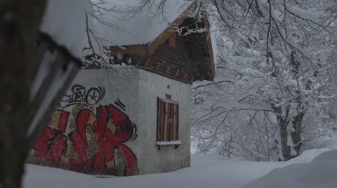 Graffiti Mountain Hut Snowing 4K Stock Footage 59774988