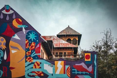 Graffiti on the old building in Bucharest on a cloudy day Fotos de archivo