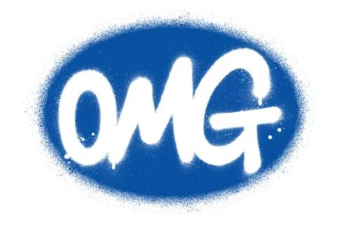 Graffiti OMG abbreviation sprayed in white over blue oval shape Stock Illustration